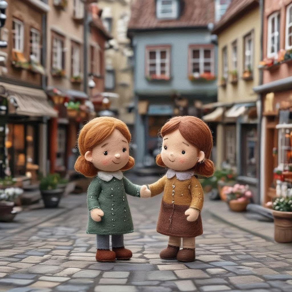 Two female friends made of soft felt stand in a small town center, having a warm, friendly chat. The scene features tiny handcrafted buildings, stitched windows, felt cobblestones, and colorful shopfronts. Their felt hair and clothing have gentle stitched details, and the atmosphere feels cozy and handmade. Soft, even lighting and a calm, welcoming mood define the scene.