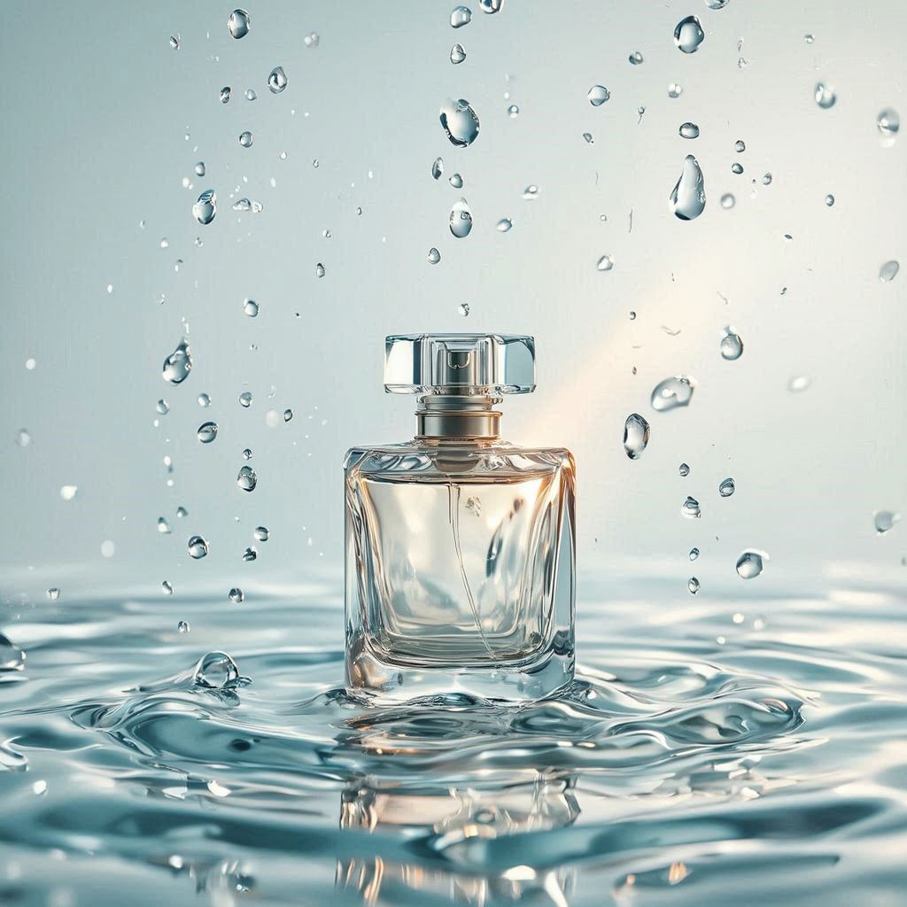 A sculpted glass perfume bottle standing on a glossy, water‑rippled surface that reflects soft shimmering highlights, surrounded by drifting droplets suspended in mid‑air like crystallized mist. The scene is styled in refined minimalist luxury, with the bottle centered against a clean gradient backdrop that transitions from pale aqua to luminous white. Cool diffused studio light creates pristine reflections along the glass edges, while a gentle beam of warm sunrise gold grazes the bottle, adding depth and elegance. Subtle waves of translucent water flow around the base, enhancing the fresh, pure, and high‑end feeling, captured in ultra‑sharp premium product photography with crisp focus and smooth depth of field.