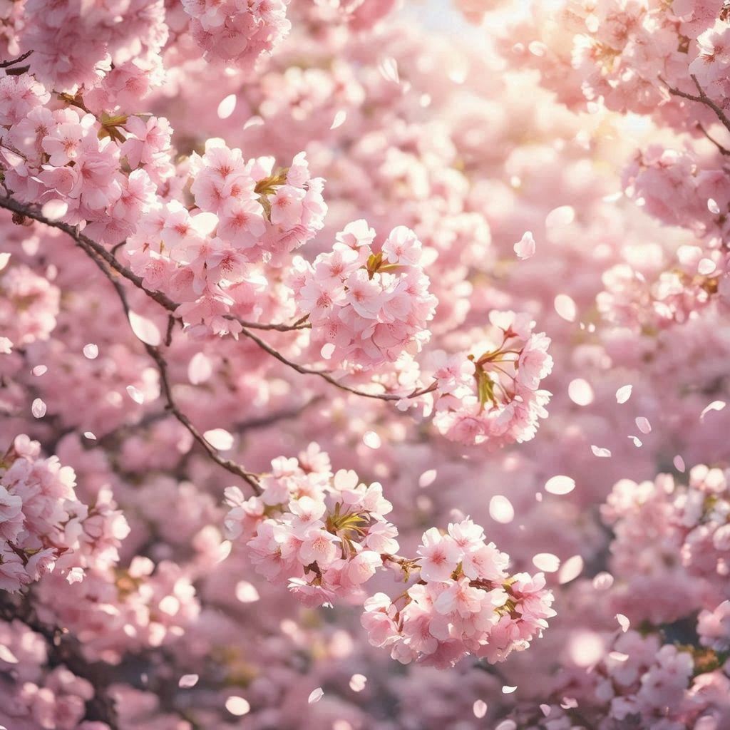 Dreamy cherry blossom scene in soft pastel colors, branches filled with delicate pink sakura petals glowing in gentle sunlight, petals drifting through the air, shallow depth of field, creamy bokeh, serene spring atmosphere, subtle warm highlights, ultra‑detailed petals, soft breeze motion, high‑quality photographic style with a peaceful, uplifting mood.