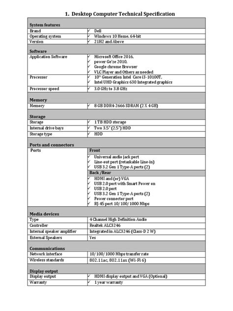 Desktop Computer Technical Specification | PDF | Printer (Computing) | Usb