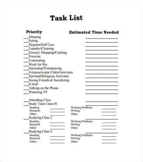 Image result for Task List Example