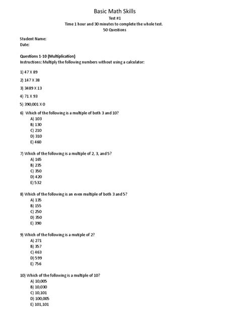 Free Basic Math Test に対する画像結果