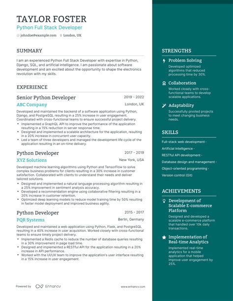 Python Full-Stack Developer Resume Examples に対する画像結果