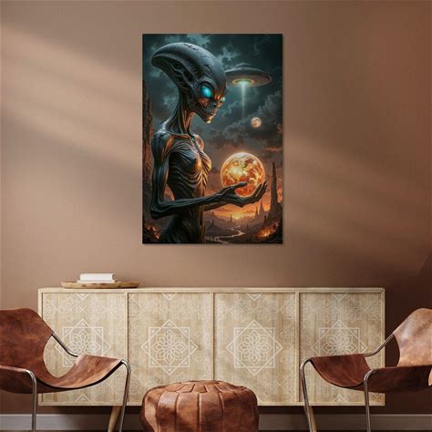 Schilderij ANCIENT ALIENS - Alien Met Gloeiende Bol Onder De UFO-Hemel - Canvas - 55X80
