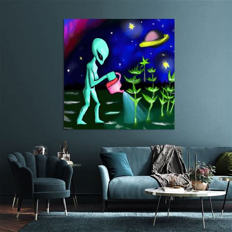 Schilderij Alien Geeft Plantjes Water Op Planeet In De Melkweg - Artframe - 65X65