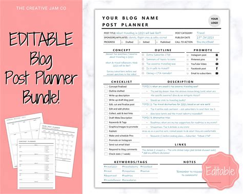 Blog Post Planner Templates! EDITABLE Blogger Bundle! Blog Content Planner, Content Strategy, Blogging Kit, Content Creator, Social Media