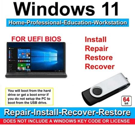 Windows 11 Home, Professional, Education, Workstation 64 Bit Repair, Recover, Restore & Reinstall USB Flash Drive For Uefi Bios