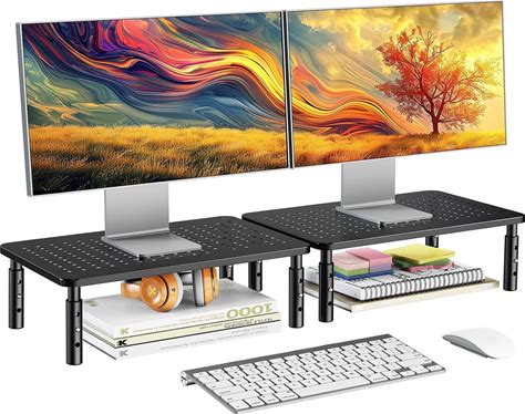 Adjustable Computer Monitor Riser Dual Stand, Desktop & Laptop Platform,