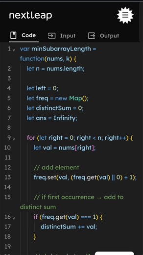 Minimum Subarray Length with Distinct Sum ≥ K | Sliding Window Explained | JavaScript