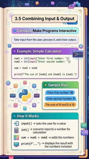 "Learn how to make interactive Python programs! combine input & output to build a simple calculator"
