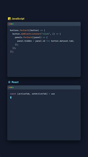 Tabs UI: JavaScript vs React\n\nReact simplifies tabs by making the active view a piece of state inste