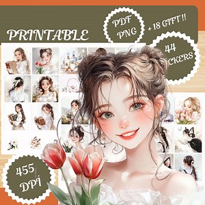 Digital Sticker, Spring Kawaii Stickers, 44 Pcs , 455 DPI, Cute Girl Stickers,junk Journal, Downloadable Stickers ,printable Stickers - Etsy