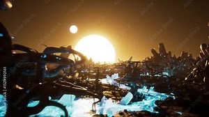 Futuristic alien landscape on a distant exoplanet, twin suns setting over jagged crystal mountains. Live desktop wallpaper