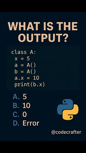 python programming on Instagram: "Class variables vs instance variables! 🤯 Only 1% people get this right… Comment your answer 👇💡 More tricky Python output questions coming daily! 🐍⚡ #python #pythoncoding #pythonchallenge #pythonquiz #codingquiz #coderscommunity #learnpython #dailyquiz #programminglife #coderlife #codingisfun #debugging #pythondeveloper #pythonlearning #codewithme #codecrafter"