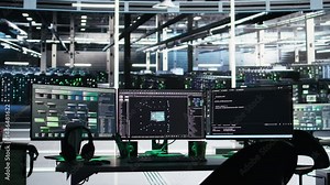 Data center computer systems controlling network resources through AI visualization dashboards and node tree programming software that maps infrastructure connections, panning shot