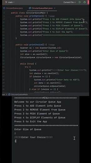 CircularQueueMain.java || Circular Queue in Java | Main Class + Console Output 🚀