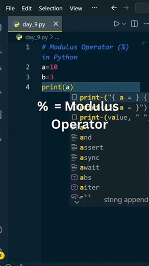 Day 9 – Modulus Operator in Python | % Explained | Python for Beginners #shorts