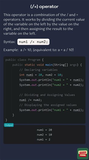 (/=) operator (Assignment Operators in Java)