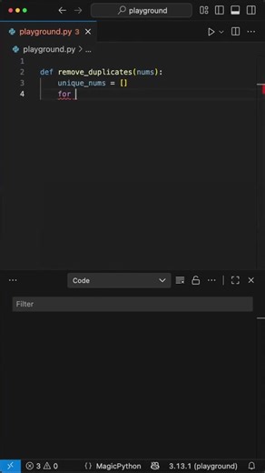 Remove Duplicates from List in Python #programming #python #coding In this video, we tackle a common interview question that every aspiring software engineer should know: how to remove duplicates from a list of numbers in Python. We'll start by defining a function and then use a simple yet effective method to ensure each number is unique. This is a great way to improve your computer programming skills and apply some practical python tips. Happy coding and I will see you in the next one. | Lasken