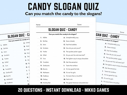 Printable Candy Slogan Match up Quiz: Downloadable Table Quiz, Pub Quiz Sheets, Trivia Questions, Fun Ready-made Sweets Quiz - Etsy