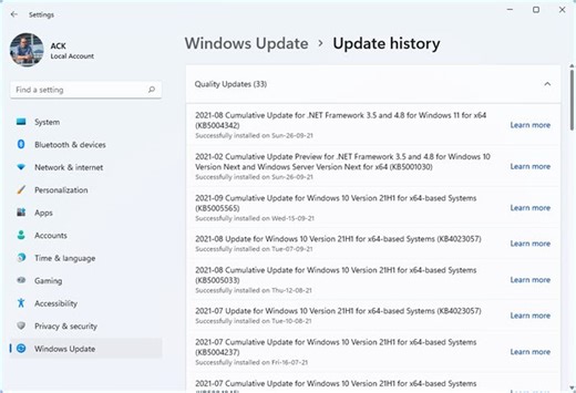 Where to find Windows Update History in Windows 11