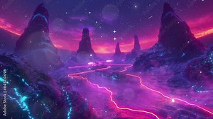 neon trails outline the contours of an alien landscape seamless looping overlay 4k virtual video animation background