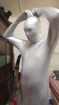 Stuck & trapped (not locked) in silver morphsuit (it's really really stucked inside)