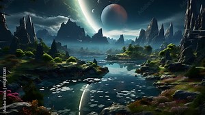 A serene alien landscape with mountains, a lake, and a bright planet in the background.