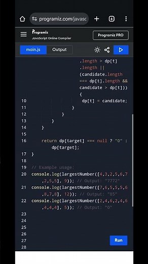 JavaScript Largest Number With Cost | Max Integer From Digit Costs | DP & Knapsack