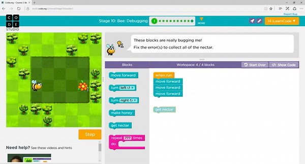 Code.org | Course 2 - Stage 10: Bee: Debugging