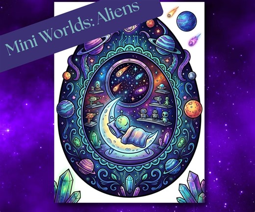 Tiny World Mini Coloring Book, Cute Alien Coloring Pages, Funny Fantasy Coloring Pages for Kids And Adults, Printable Coloring Sheets