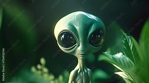 cute little alien, green in color with big eyes. hiding in the grass. Generative AI