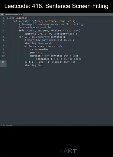 Leetcode 418. Sentence Screen Fitting in Python | Python Leetcode | Python Coding Tutorial | ASMR