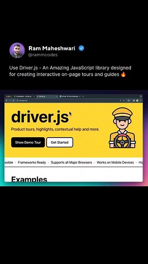 RammCodes | Developer Advocate 👨‍💻 on Instagram: "Use Driver.js - An Amazing JavaScript library designed for creating interactive on-page tours and guides 🔥 Main Content Credits: @arbaouimehdi ✨ Do Like ❤️ & Share 🙌 Follow @rammcodes_ for the most amazing content related to Programming & Web Development 💎 #html #css #javascript #webdev #100daysofcode #webdeveloper #css3 #html5 #htmlcoding #htmlcss #javascriptdeveloper #frontenddeveloper #devcommunity"