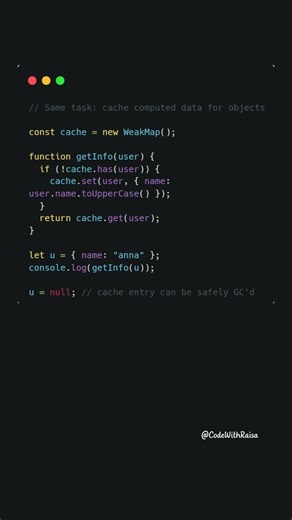 Stop leaking memory: use WeakMap for object caches #coding #javascript #shorts