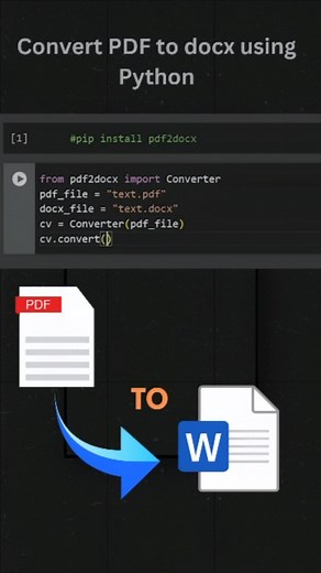 AI agent · Data Science · Web · Apps on Instagram: "To convert a PDF to a DOCX file using Python, you can use the pdf2docx library. Here’s how to do it: 1. First, install the library by running: pip install pdf2docx 2. Then, use the following code to convert the PDF to DOCX: from pdf2docx import Converter # Specify the path to your PDF and DOCX files pdf_file = "path/to/your/file.pdf" docx_file = "path/to/your/file.docx" # Convert PDF to DOCX cv = Converter(pdf_file) cv.convert(docx_file, start=