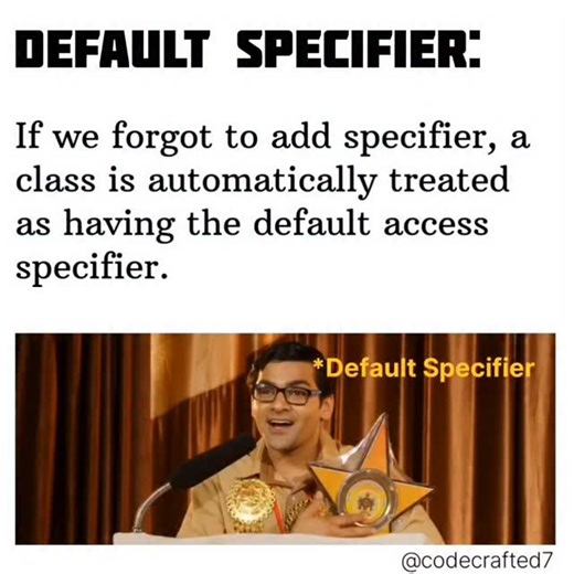 CodeCrafted on Instagram: "Default Access Specifier (Package-Private) 📦☕ 🔹 If we do not specify an access modifier, the class/member is treated as default (package-private) 🔹 No keyword is used (implicit access) 🔹 Accessible only within the same package 🔹 Not accessible from outside the package, even by subclasses 🔹 Useful for internal package-level implementation 🔹 Helps maintain clean modular design and encapsulation #java #coding #codinglife #viral #javaprogramming 🚀☕💻"