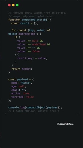Compact Object — remove empty values in JavaScript #coding #javascript #shorts