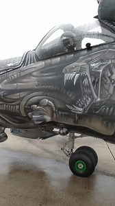 Epic paint scheme! . . @czech._spotter ・・・ Czech 🇨🇿 Air Force Mi-35/24V “Alien Tiger” Legendy nebes 2023 __________________________________________ #mi24 #helicopter #military #avgeek #spotter #airshow #alien #tiger #rain | Combat Learjet