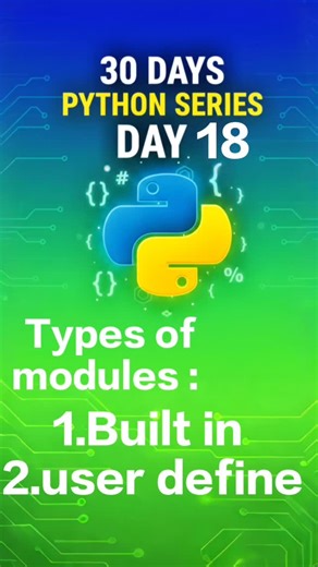 kirankumar on Instagram: "Day 18 of Python Series 🚀 Today, we learned about Types of Modules in Python 🧠 ✔️ What is a module ✔️ Built-in modules ✔️ Math, Random, Date & Time modules explained with examples User-defined modules will be explained in the next video 👍 Stay consistent. Keep learning 💪 #Python #PythonLearning #PythonModules #BuiltInModules #MathModule #RandomModule #DateTimeModule #LearnPython #CodingLife #Programming #DailyLearning #Day18 #PythonForBeginners #TechEducation"