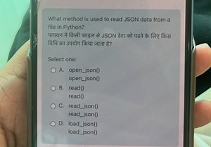 What method is used to read JSON data from a file in Python?S... | Filo