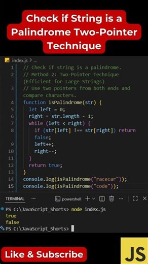 #109 Check Palindrome with Two Pointers in JS | Efficient & Interview Must-Know