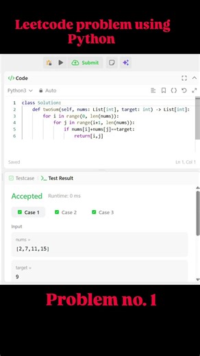 leetcode problem solutions using Python, Two sum leetcode problem.