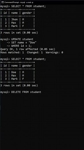 How to use UPDATE and DELETE Commands in MySQL using CMD #databaseconcepts #cmd