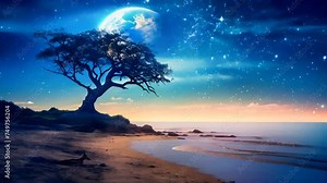 Alien landscape with a lone tree against a night sky, ocean and a big moon rising