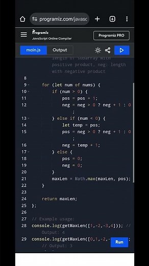 Maximum Length Subarray with Positive Product | JavaScript Solution & Explanation