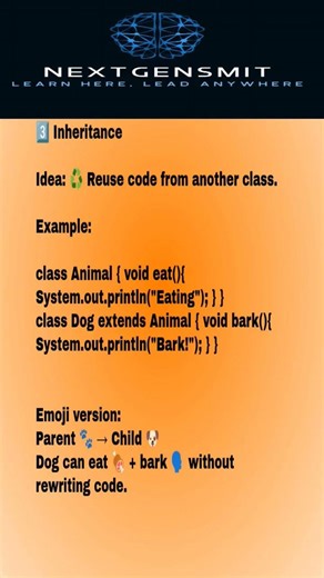 Inheritance. #Java #JavaDeveloper #Programming #LearnJava #CodingShorts #JavaInterview