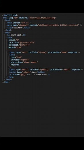 showStaffForm.html with thymeleaf || Staff Form using Java, Maven, MySQL, and Spring MVC