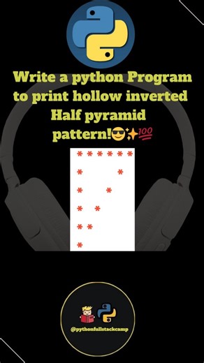 pythonfullstackcamp on Instagram: "Master the art of nested loops! 🐍 Get the full Python code and explanation for creating a Half Reverse Hollow Pyramid pattern. It's a fantastic exercise for understanding how loops and conditional statements work together to print complex structures. Level up your Python pattern printing skills today! python pyramid pattern ​half reverse hollow pyramid python ​hollow inverted half pyramid star pattern ​python code for star patterns ​nested loops in python patt