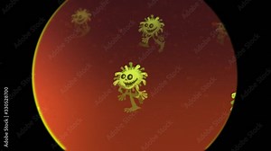 Marching army of coronavirus covid - 19 under a microscope. Walk cycle of green aliens on red background. 2D character animation made in 4K, loopable clip